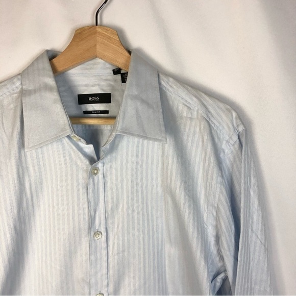 Boss Hugo Boss Slim Fit Light Blue Stripe Long Sleeve Button Down 16 - Picture 5 of 6
